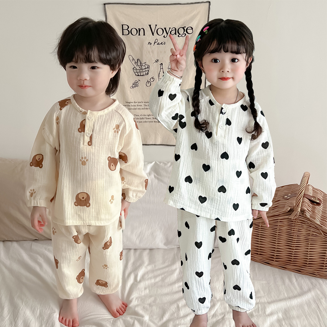 Summer Baby Parent-Child Gauze Pajamas Set Boys and Girls Cartoon Four Seasons Parent-Child Home Clothes Cotton Yarn Air-conditioning Suit