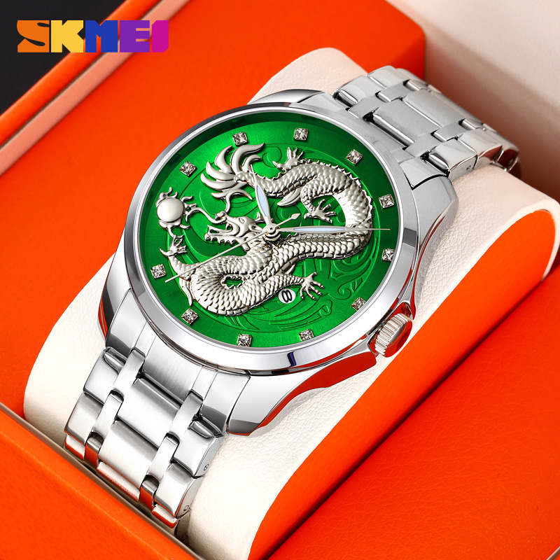 Momento de los Estados Unidos China Fenglong Totem relieve reloj de hombre correa de acero reloj de negocios calendario reloj de cuarzo comercio exterior al por mayor