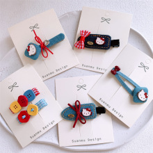 新款儿童牛仔小猫纽扣蝴蝶结发夹甜美女童侧边刘海夹宝宝碎发BB夹