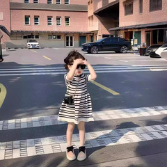 Girls' Summer 2024 New Korean Style Elegant Lace Striped Knit Short-Sleeve Dress