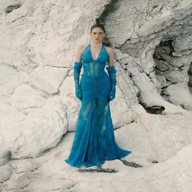 European and American cross-border Fashion Women's Blue Fairy pleated V-neck dress with gloves elegant banquet dress