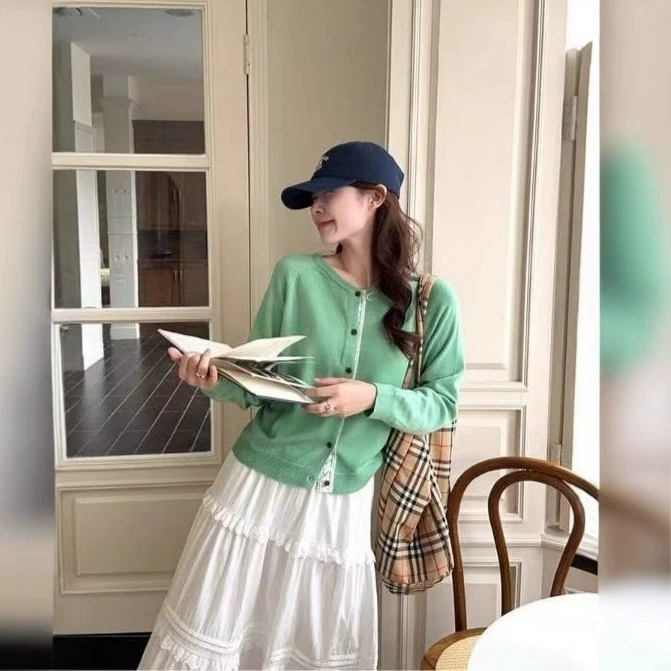 Нежное кружевное сшитое зеленое с круглым вырезом трикотажное шерстяное кардиган женская весна-лето новый премиум тонкий топ