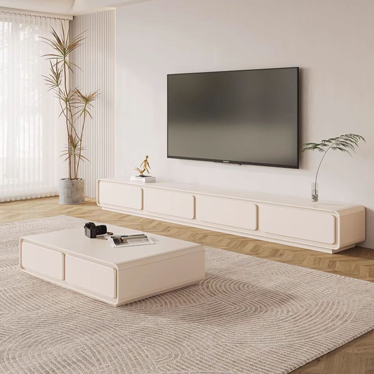 Household Small Apartment Floor-standing French Cream Style Round-corner White TV Cabinet Modern Simple Coffee Table Combination Living Room Minimalist