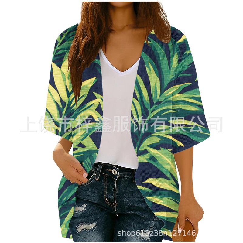 Women's Floral Print Cardigan Beach Cover-Up Spring and Summer Fashion Casual Top with 3/4 Sleeves