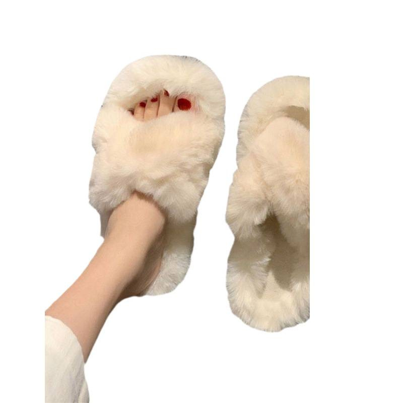 Zapatillas gruesas cruzadas con lana para mujeres otoño y invierno nuevas zapatillas de algodón doméstico de fondo suave grueso muffin