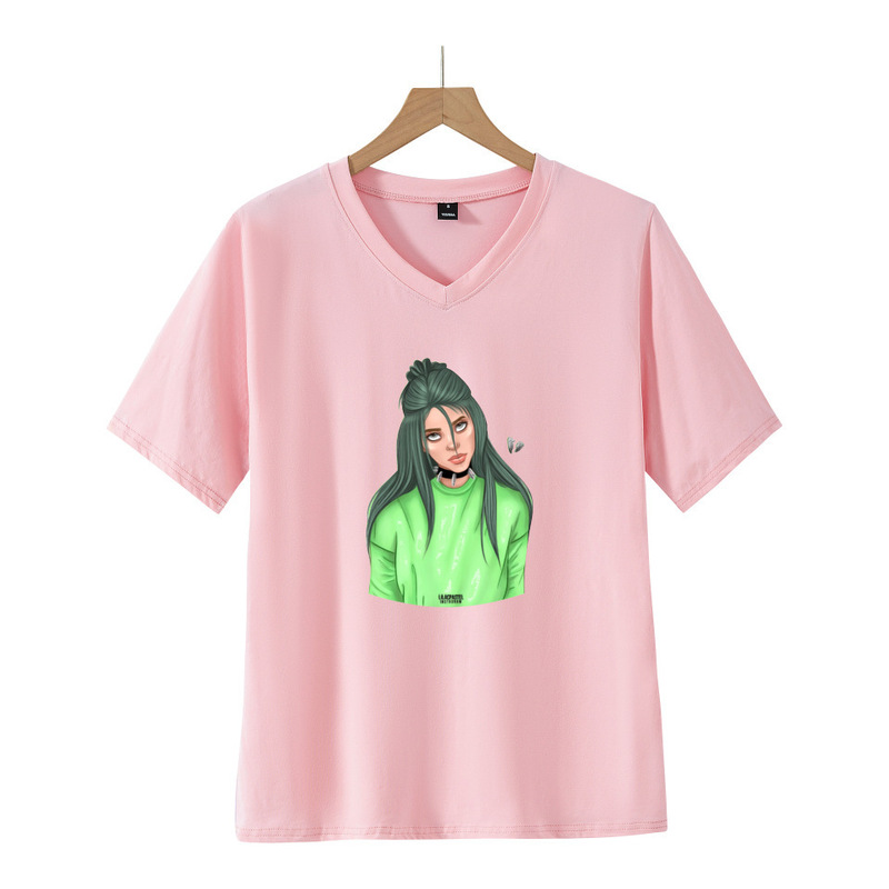 Cross-border Billie Eilish girl's fashion casual V-neck short-sleeved T-shirt