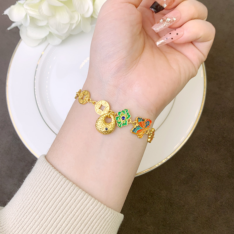 Palacio viento vietnamita pulsera de oro de arena retro paz alegría mariposa moneda de bronce goteo pulsera de aceite para mujeres no decolor joyas
