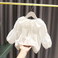 春と秋の新しい女の赤ちゃんかわいい小さなラペルトップス女の子秋服女の子巾着袖綿シャツ