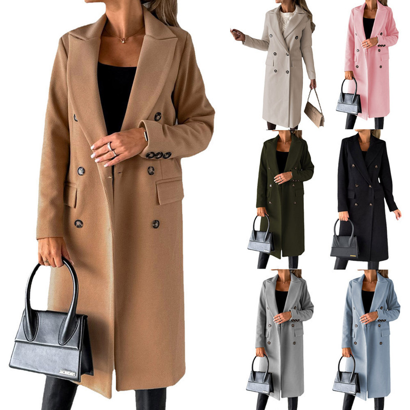 Women's Spring 2026 New Amazon Cross-Border Coat Versatile Woolen Coat Solid Color Long-Sleeve Double-Breasted with Pockets