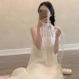 WZXSK2026年夏季新中式时尚无袖花朵珠链挂脖连衣裙女度假风时尚