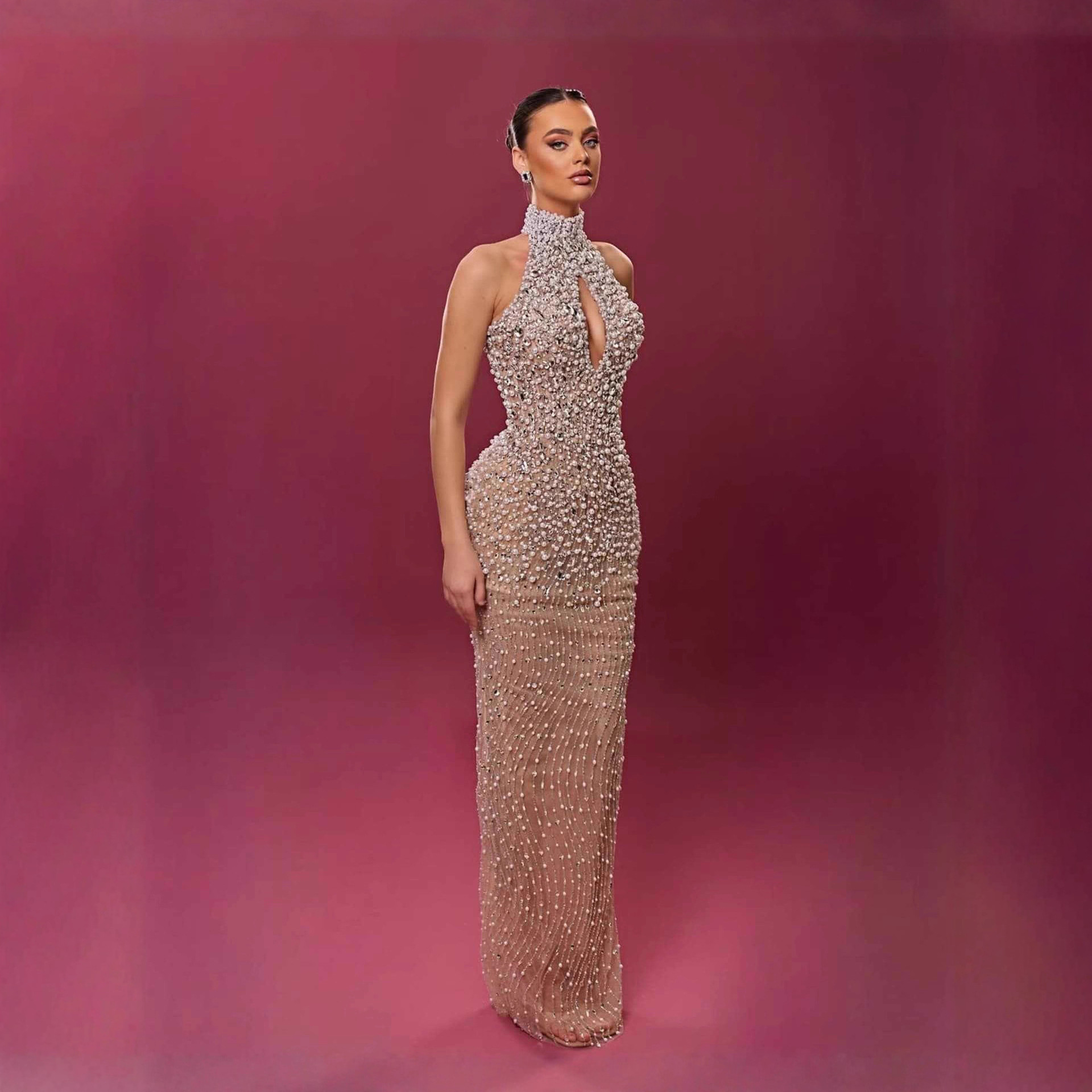 European and American Foreign Trade Aliexpress New High-Neck Pearl Heavy Sequin Bodycon Slimming Host Party Evening Dress