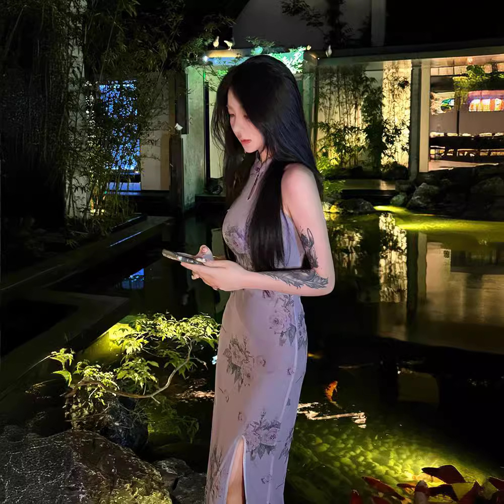 TZ3838香榭美人碎花新中式改良旗袍裙女夏国风复古镂空温柔包臀裙