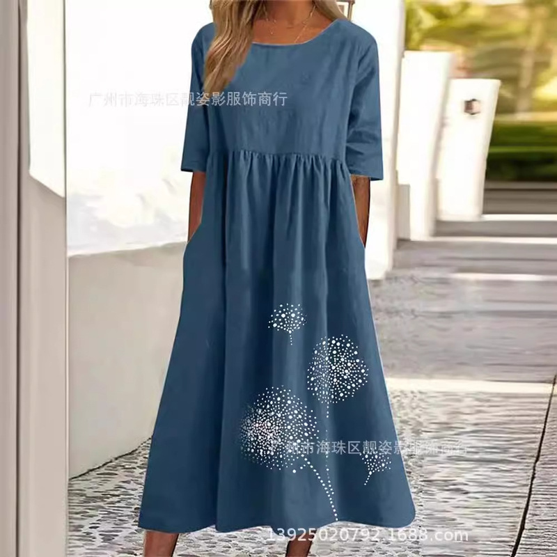 Cross-Border 2026 Summer Hot-Selling New Style Round Neck Five-Quarter Sleeve Printed Large Size Loose Casual Long Cotton and Linen Dress