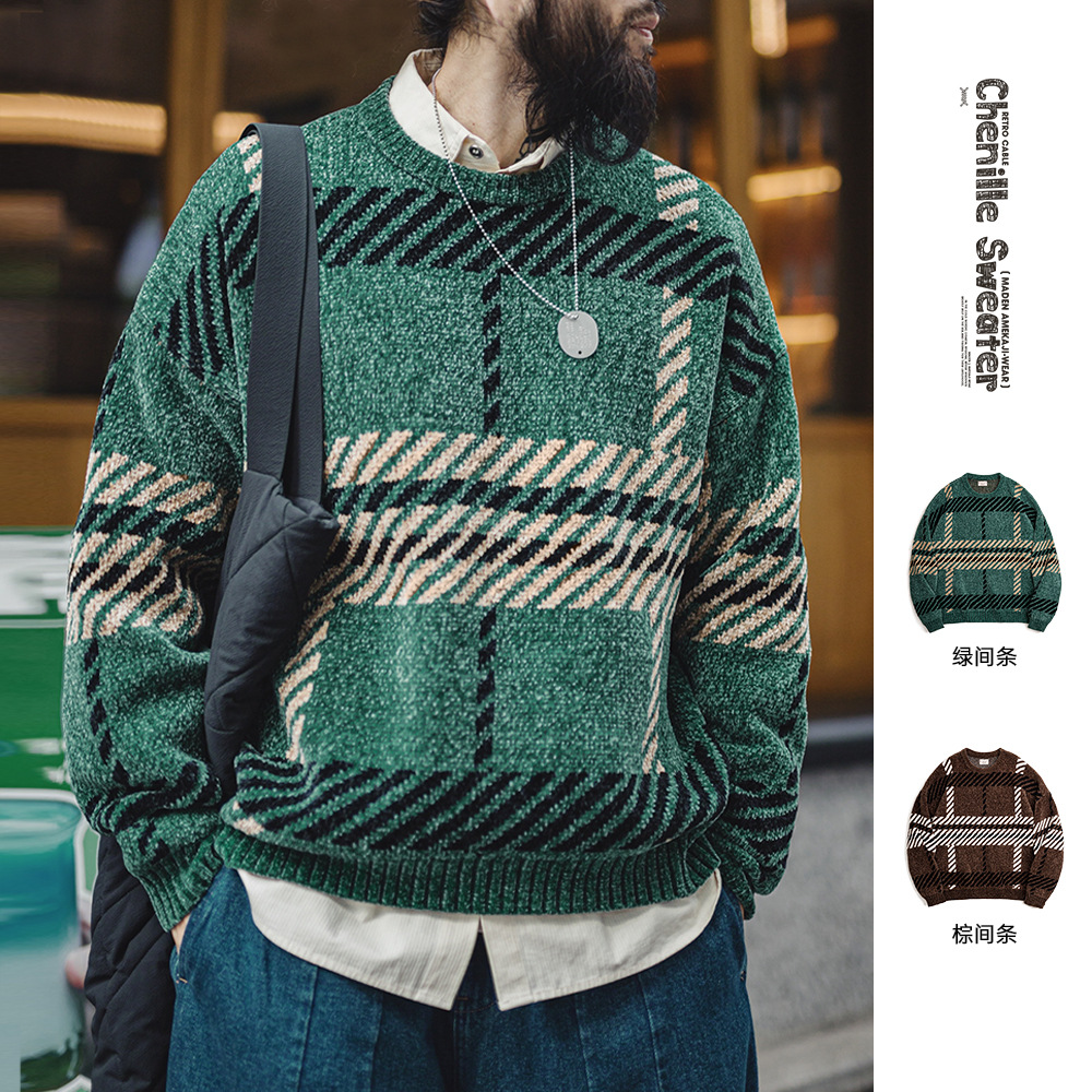 Maden Workwear American Retro Chenille Christmas Couple Knitwear Thickeneded Warm Base Velvet Knitwear Men's Autumn and Winter