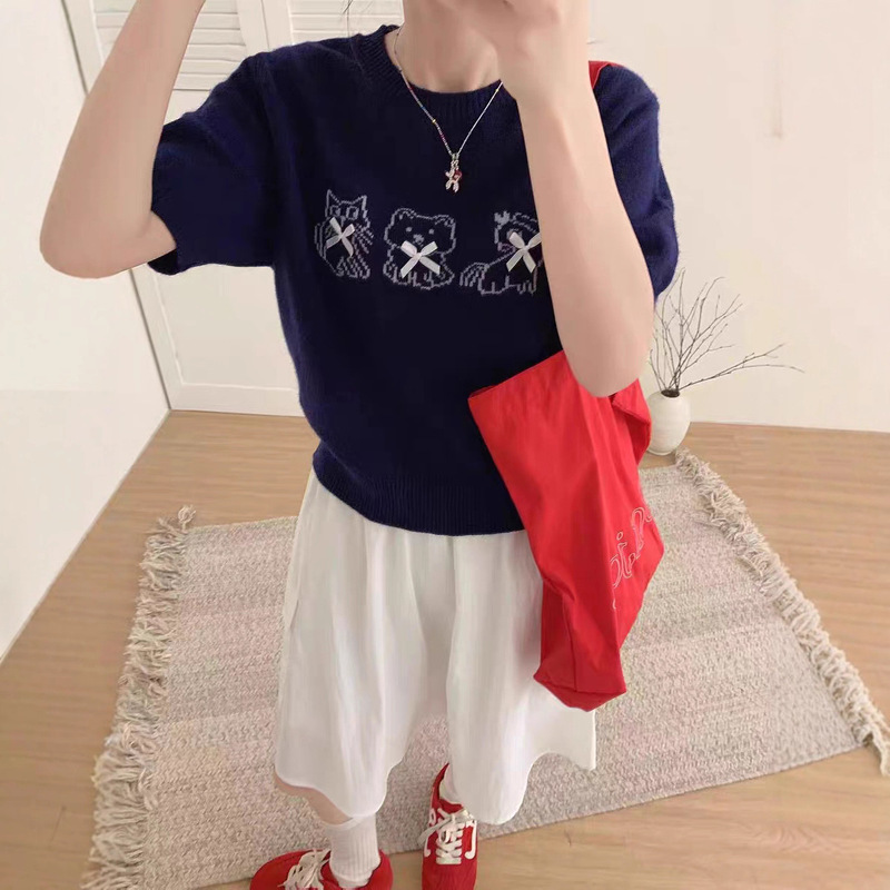 韩单立体蝴蝶结！2025秋季新款时尚百搭减龄显瘦短袖针织上衣女|undefined