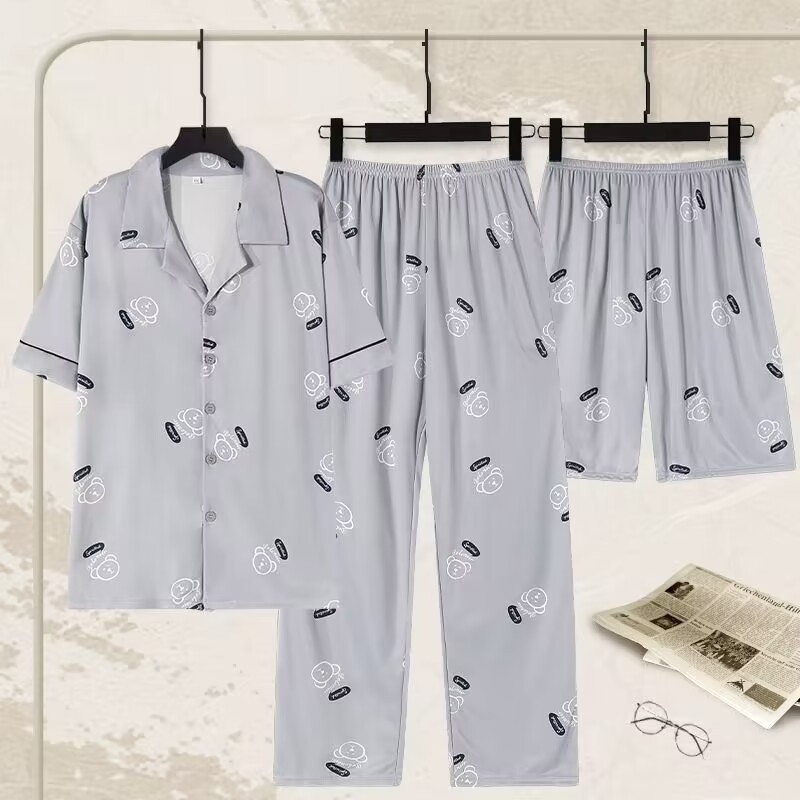 Pijamas 100% algodón de los hombres de verano Pantalones cortos de manga corta de los hombres delgados verano más tamaño homewear traje de tres piezas