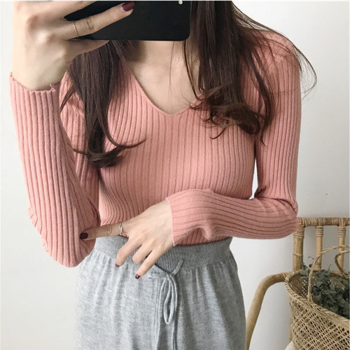 Women's Autumn/Winter V-Neck Slim-Fit Pullover with Hidden Design: Wholesale Ribbed Tight-Fitting Long-Sleeve Knitted Base Layer