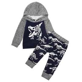 外贸男童恐龙卫衣套装 大恐龙霸王龙 灰色色加厚弹力棉带帽套装