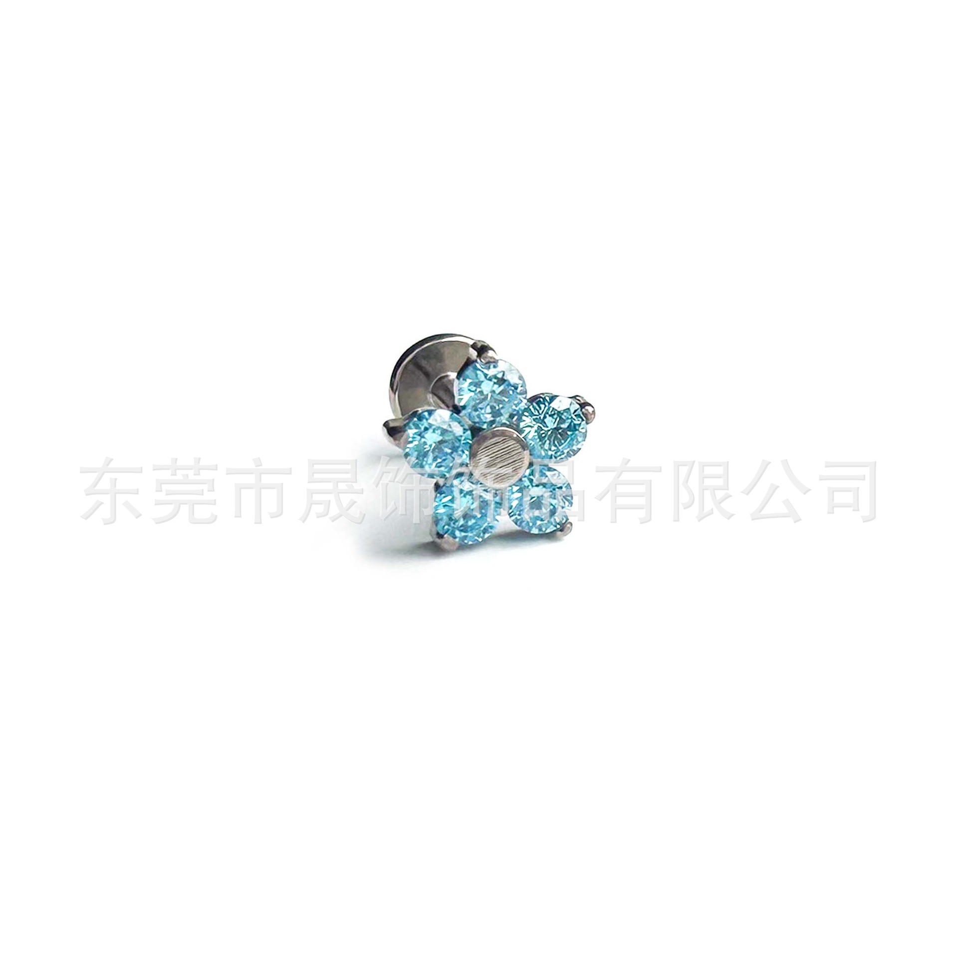 F136钛合金仙女风花朵白粉蓝锆耳钉内螺纹五瓣花锆耳骨钉唇钉耳饰