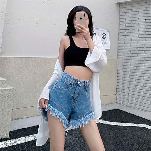 Ripped Denim Shorts for Women, Spring/Summer Collection: Loose Fit, Stylish European Design with Fringe, A-Line Hot Pants