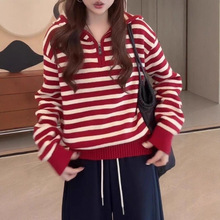 复古撞色条纹半开领拉链连帽外穿针织毛衣女卫衣秋冬穿搭宽松上衣