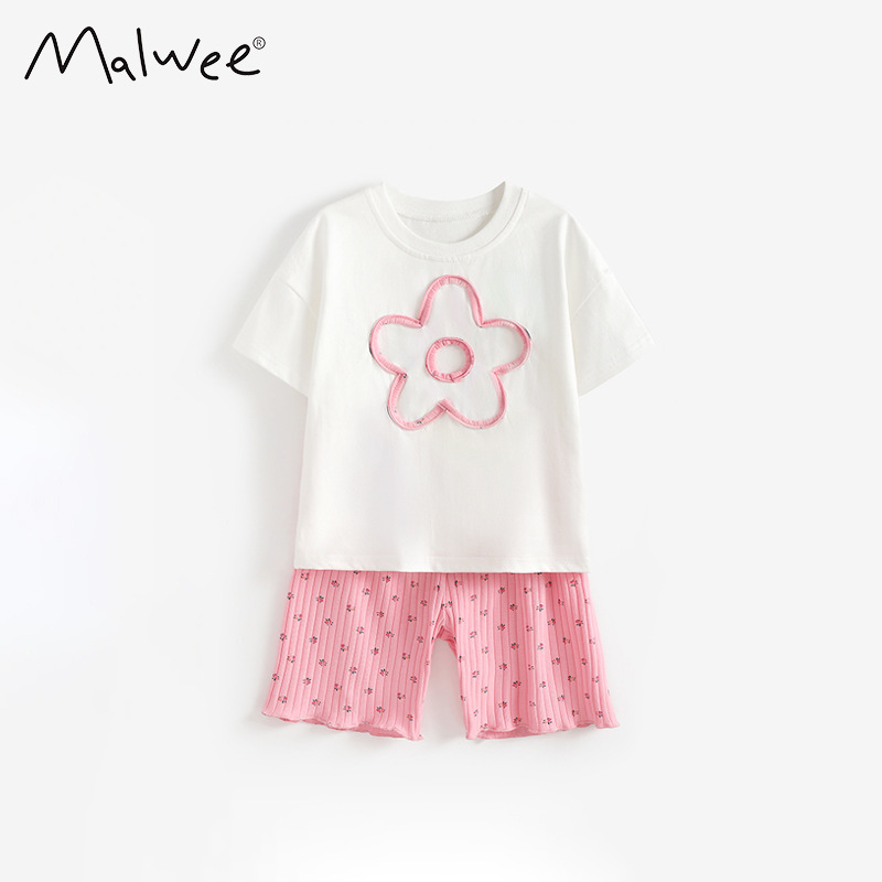 Malwee transfronterizo niñas dos piezas de verano nuevo estilo europeo y americano niños pequeños lindos niñas de cuello redondo manga corta conjunto