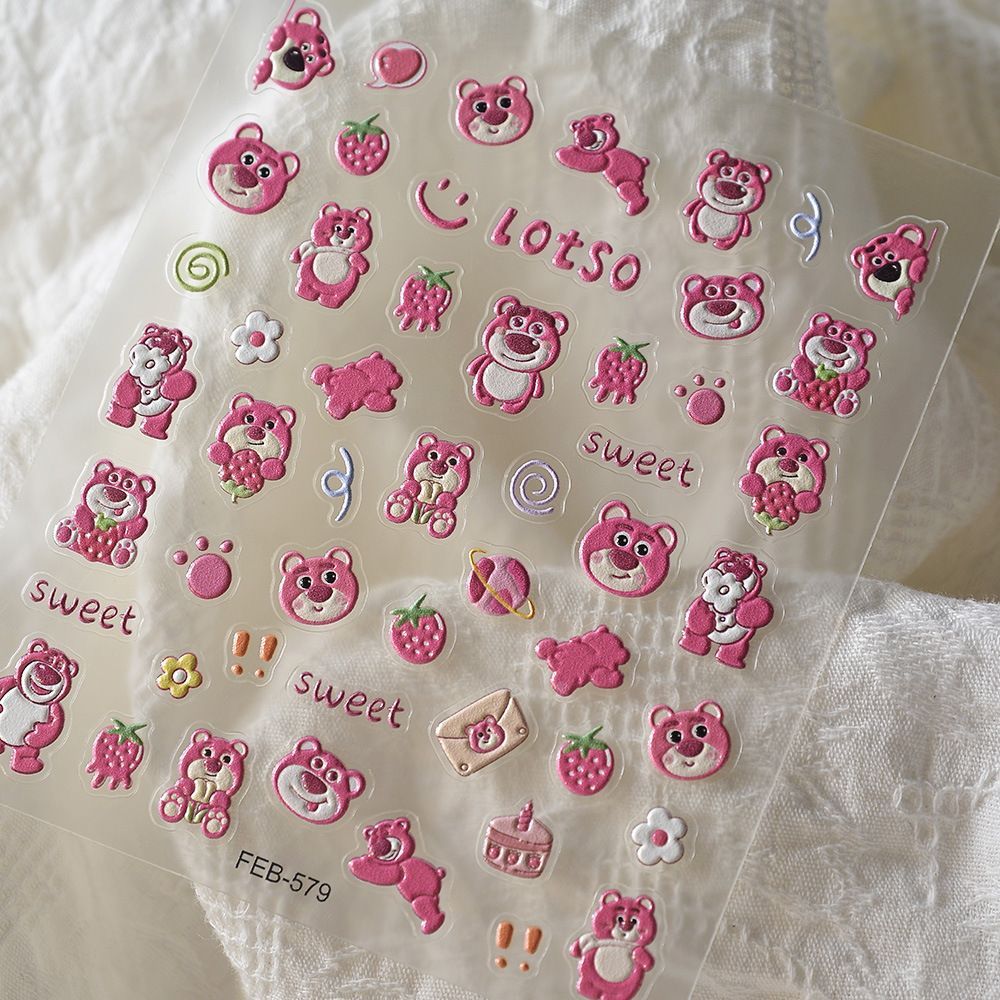 만화 딸기 곰 네일 아트 스티커 3D 입체 양각 작은 빨간 책 인기 귀여운 곰 소녀 네일 장식 스티커