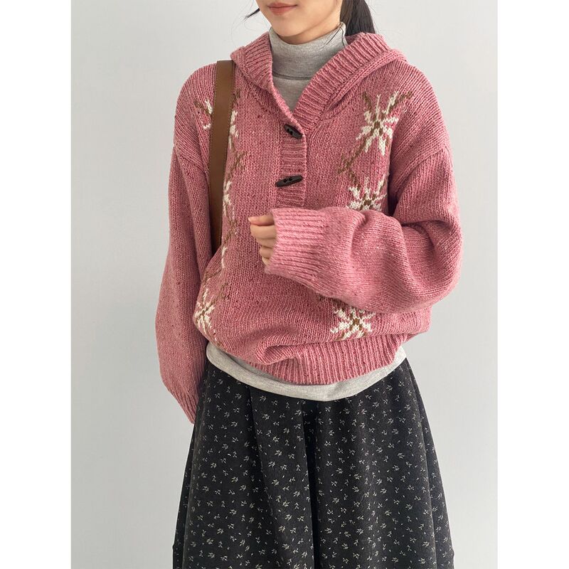 Fair Isle Christmas Snowflake Hooded Sweater for Women Korean Style Loose Mixed Color Versatile Hooded Knitwear Y1455