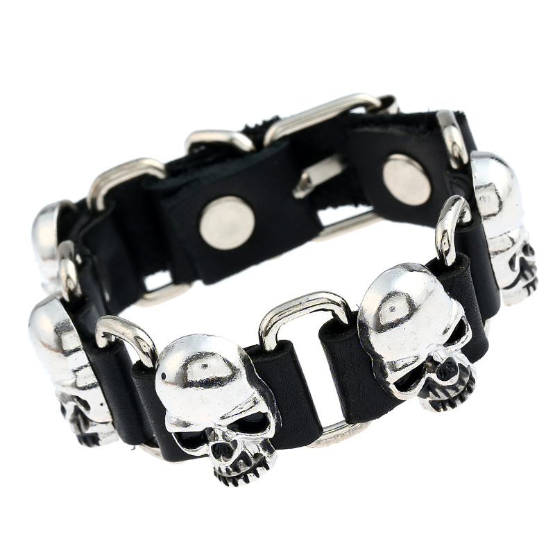 Black Leather Skull Bracelet for Men Women Punk Style
