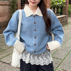 2025秋季新款复古撞色条纹女式毛衣休闲Polo领针织开衫上衣百搭款