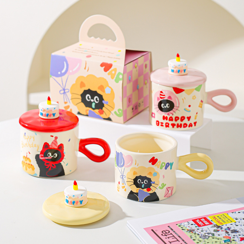 Caricatura encantadora gato cerámica taza de agua copas de alto valor caja de regalo regalo regalo de cumpleaños taza de desayuno