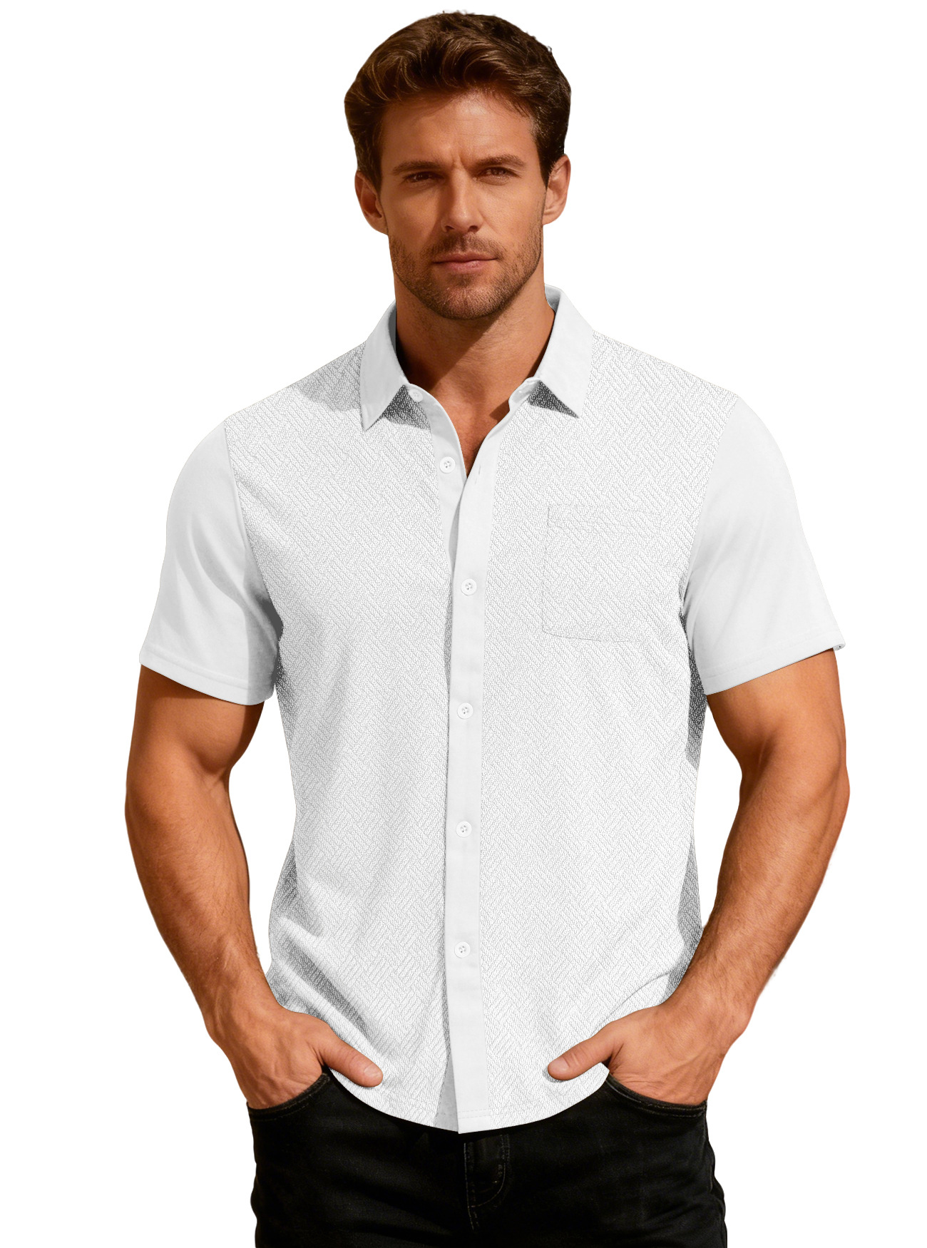 Europa y Estados Unidos ropa de hombre transfronteriza TK paleta de verano suelta con solapa transpirable Cardigan toalla jacquard camisa de hombre de manga corta