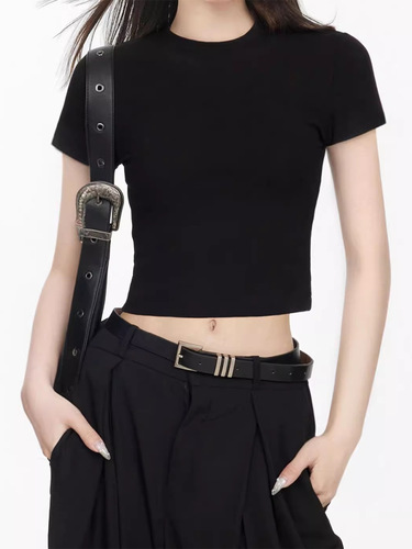 230g American Retro Full Shoulder Short Sleeve T-shirt Summer Spice Girl High-Waist Slimming Crop Top Women's Short Blouse