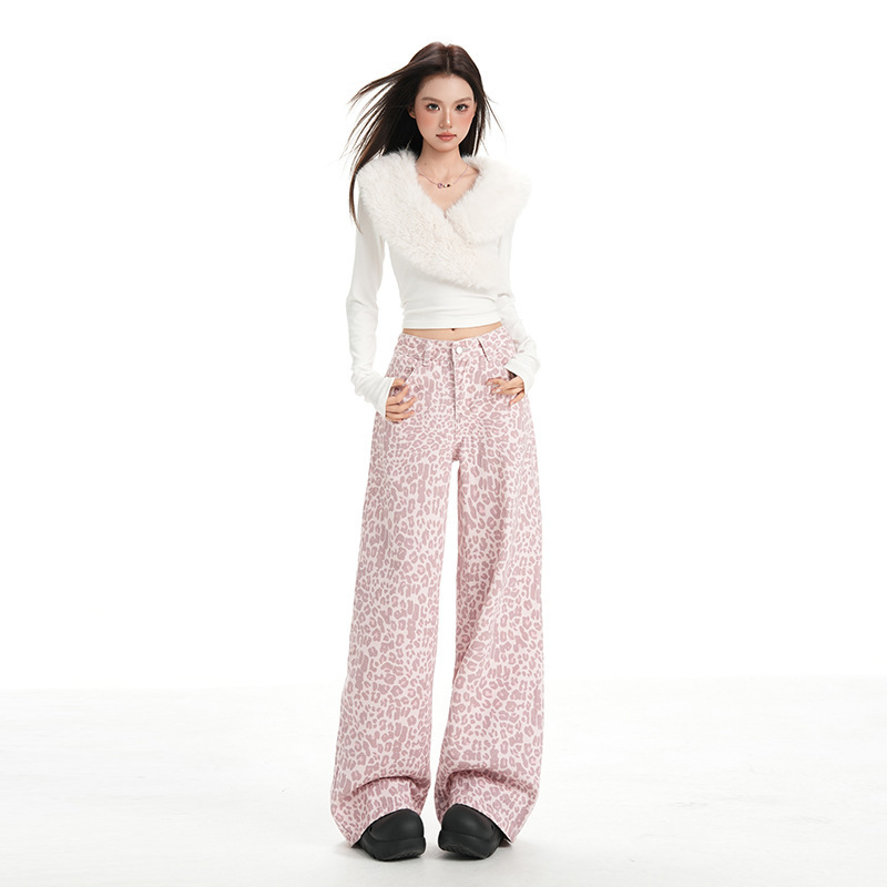 Stylish High-Street Drapey Casual Retro Pink Leopard Print Straight Wide-Leg Jeans for Women, Loose Long Pants for Spring