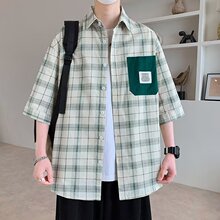 跨境夏季青少年五分袖衬衫男孩初中高中学生大学短袖格子衬衣外套