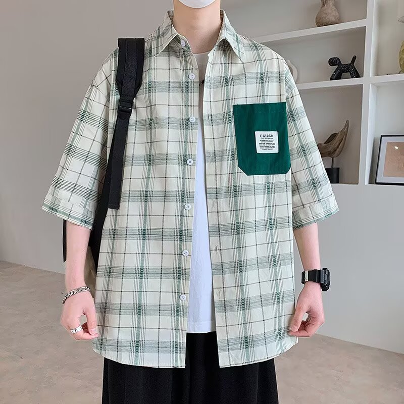 跨境夏季青少年五分袖衬衫男孩初中高中学生大学短袖格子衬衣外套