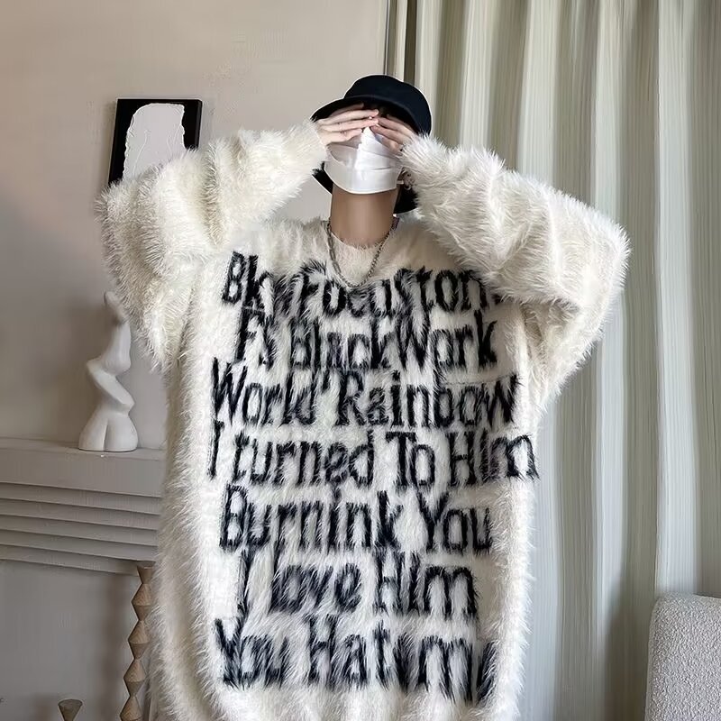 Loose knitted plush punk top American street pink graffiti mink-like sweater men's autumn and winter New lazy