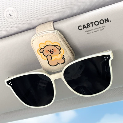 Clip Glasses Holder Car Sunglasses | Car Glasses Clip/Bill Clip - beige-flower-line-yellow-dog