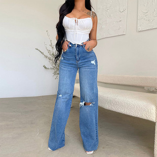 Factory Direct Sales Amazon Women's Jeans Long High Waist Ripped Raw Edge Hot Selling European and American Style Comfortable Wide Leg Pants