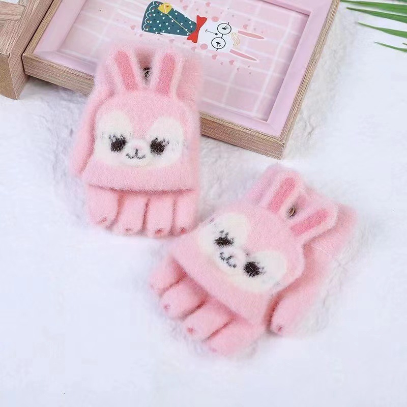 Medio dedo guantes de invierno para niños de dibujos animados invierno caliente lindo flip dedos de escritura guantes de escritura de estudiantes fríos engrosados