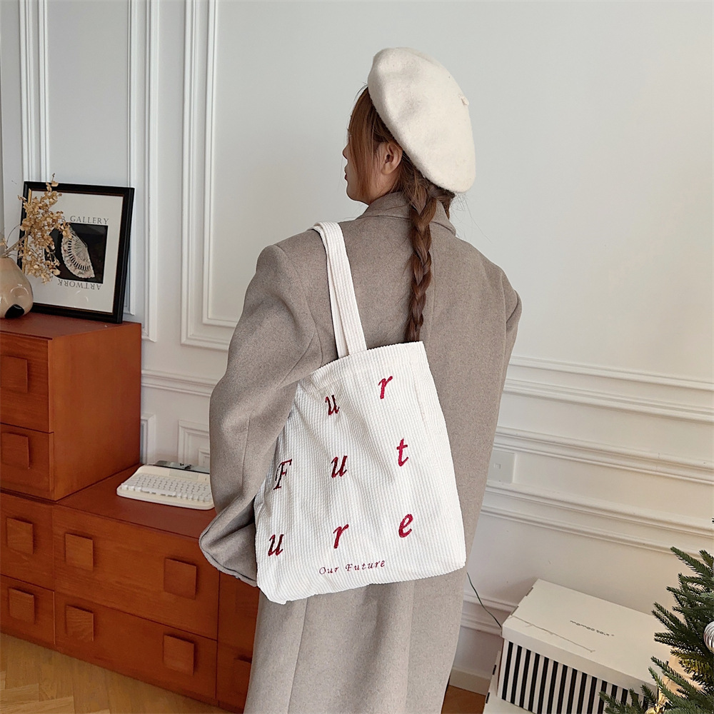 310262 embroidered letter future corduroy single-shoulder Maillard color hand-held canvas bag Women's tote bag undefined