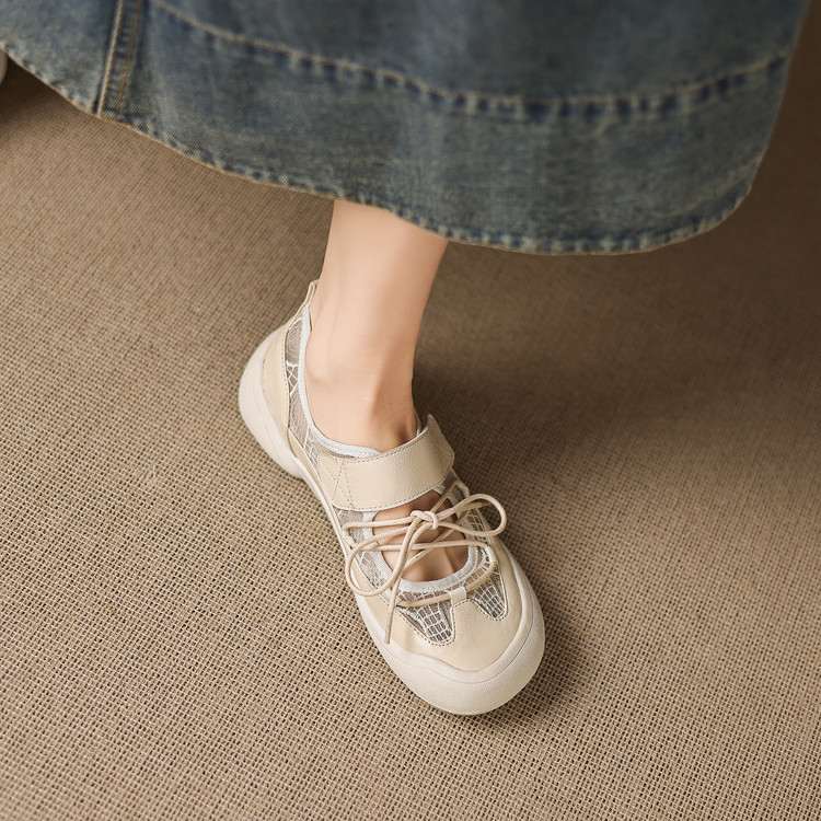 Giày sneaker nữ đế dày ren lưới phối màu cổ thấp — màu trắng ngà chi tiết 62