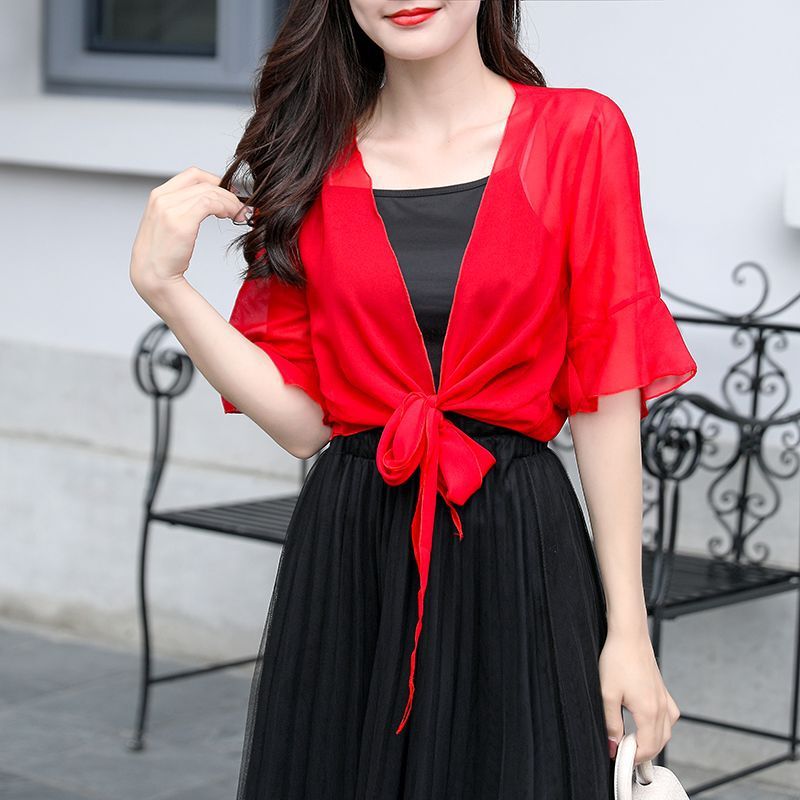 Sun Protection Clothing Women's Red Short Outwear 2024 New Women's Summer Thin Large Size Chiffon with Suspender Skirt Small Shawl