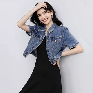 牛仔短外套女装宽松2024新款复古显瘦百搭直身正肩翻领小上衣夹克