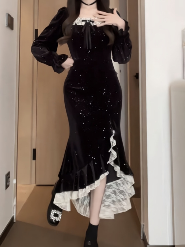 美人鱼中长裙女秋冬显瘦亮闪开叉鱼尾摆不规则修身显瘦丝绒连衣裙|undefined