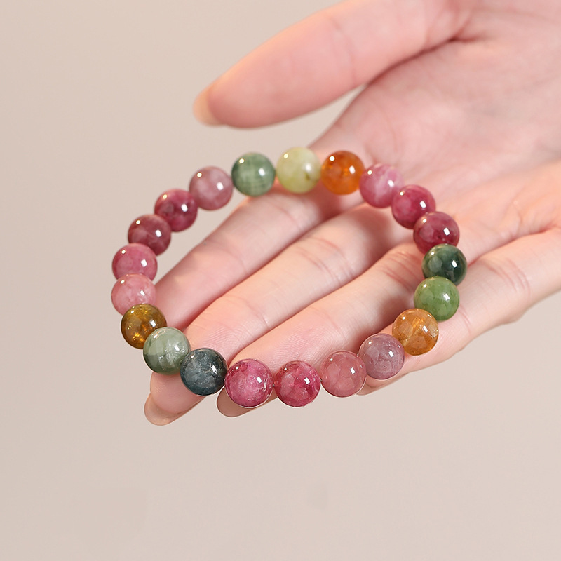 Natural Brazilian Rainbow Tourmaline Bracelet for Men and Women Rainbow Color Old Mine Crystal Single Circle Jewelry for Mother's Day Gift