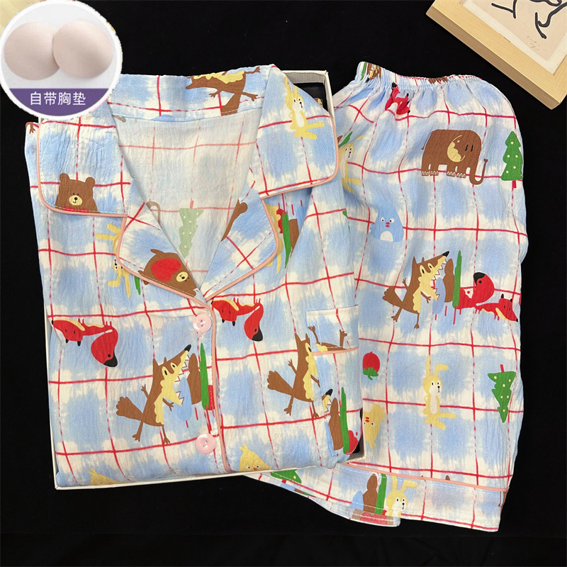 Venta al por mayor transfronteriza con almohadilla para el pecho Nube de algodón nuevo pijama de dibujos animados para mujer lindo pantalones cortos de manga corta rebeca solapa servicio a domicilio