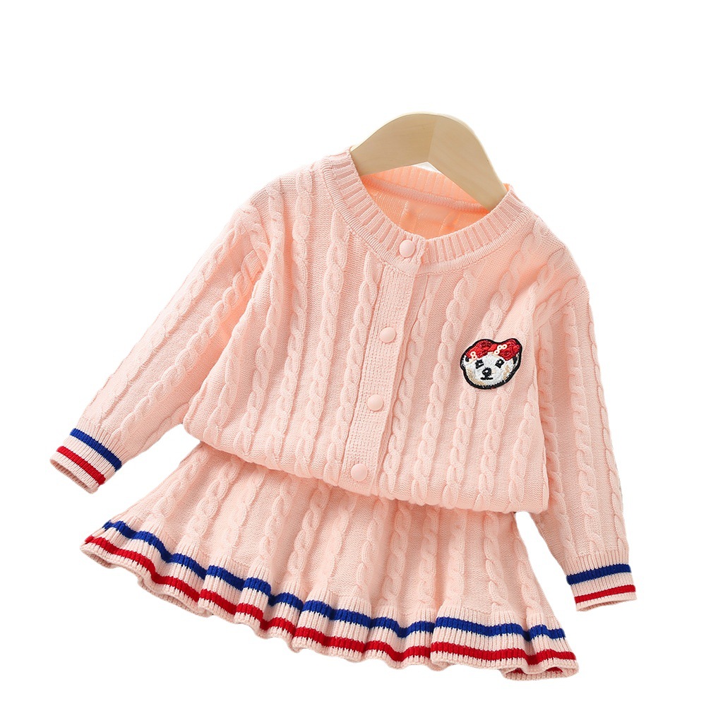 Girls' Sweater 2023 Autumn/Winter New Western Style Academy Cartoon Solid Color Knitted Children's Two Piece Set_voghion.com