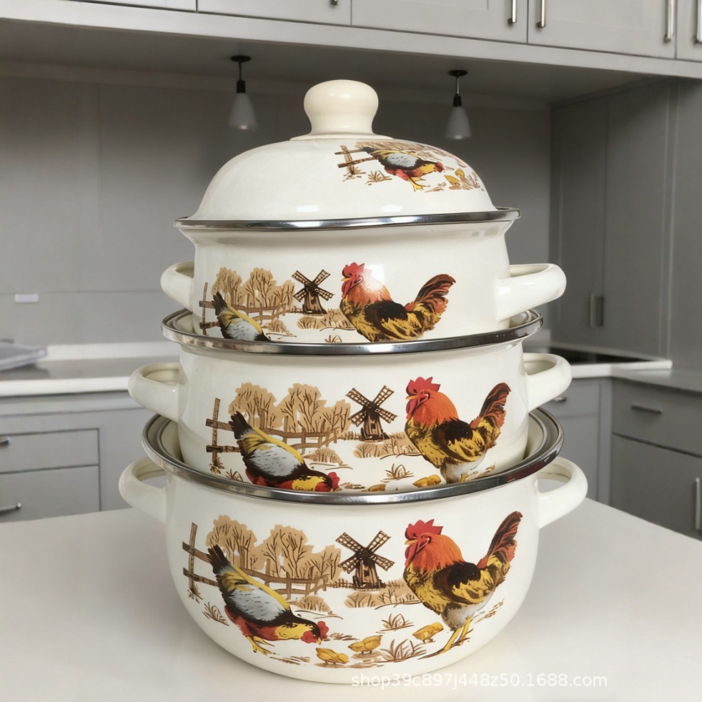 Old-Fashioned Enamel Soup Pot Three-Piece Set with Double Ears, Thickened Stew Pot, Frying Pan, Noodle Pot, Induction Cooker and Gas Stove