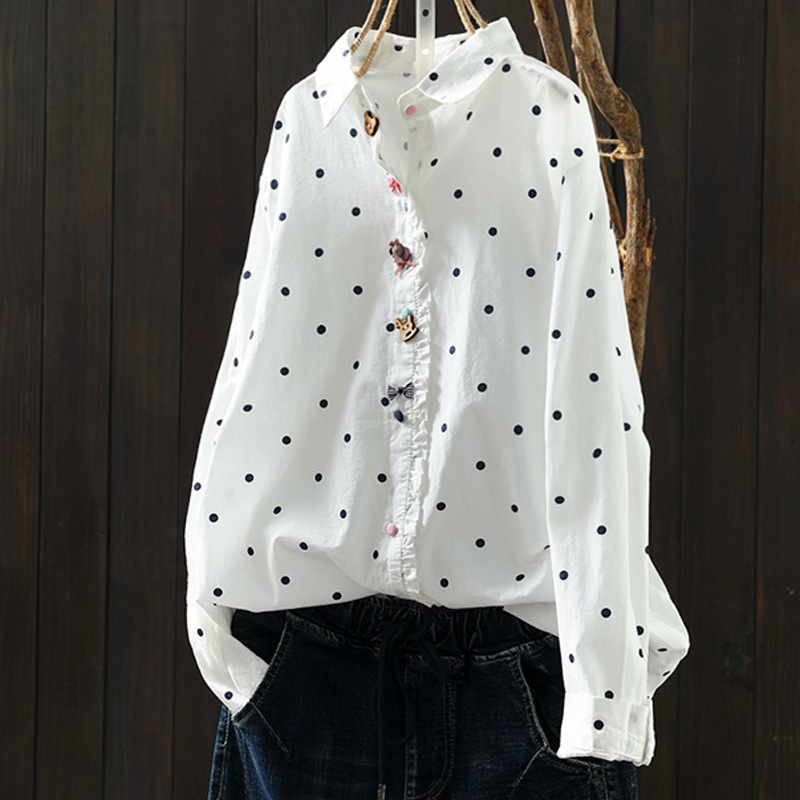 Japanese and Korean cotton Dongdaemun polka dot long sleeve lapel shirt women's shirt factory wholesale